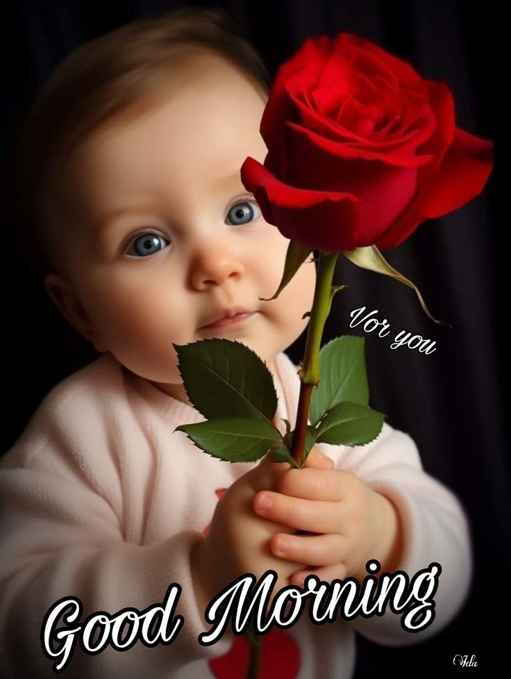 This may contain a baby holding a red rose with the words good morning written in front of it