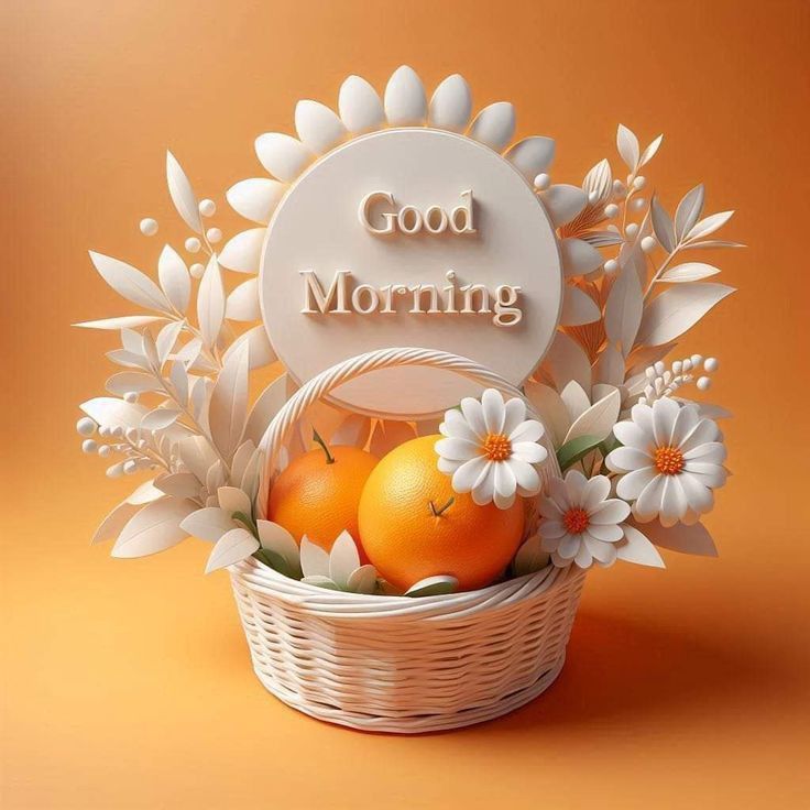 This may contain a basket filled with oranges and daisies next to a sign that says good morning