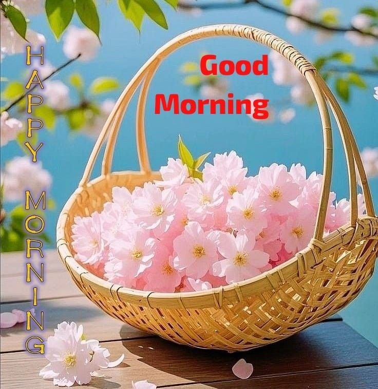 This may contain a basket filled with pink flowers sitting on top of a wooden table