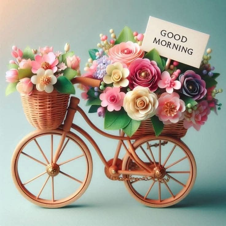This may contain a bicycle with flowers in the basket and a sign that says good morning