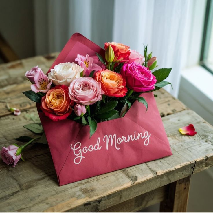 This may contain a bouquet of flowers sitting on top of a pink envelope with the words good morning