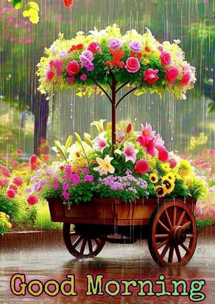 This may contain a cart with flowers in it and the words good morning