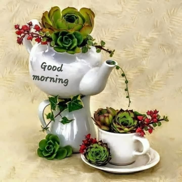 This may contain a ceramic tea pot with succulents and good morning written on it