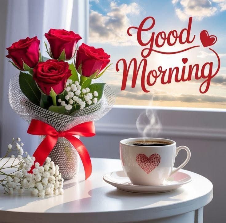 This may contain a cup of coffee and some red roses on a table with the words good morning
