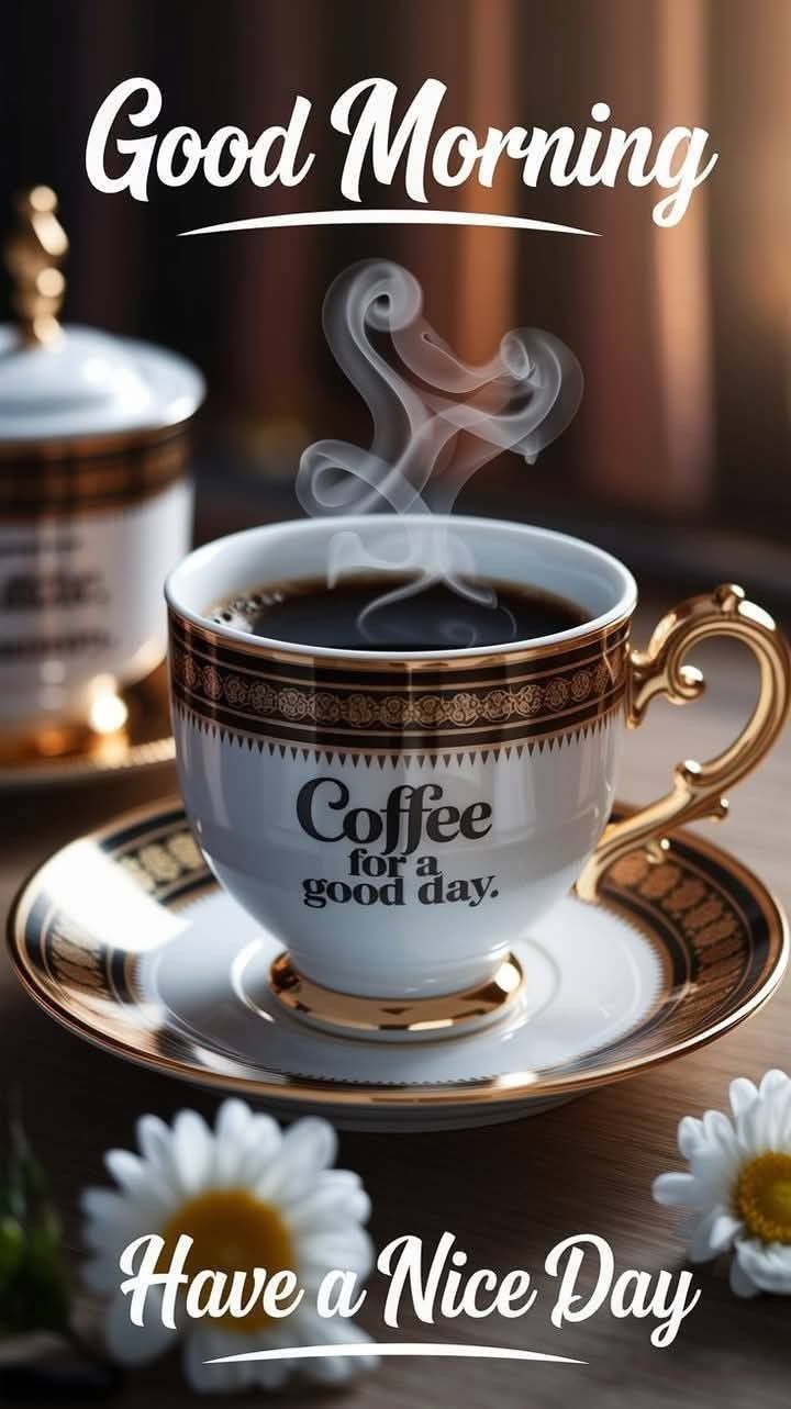 This may contain a cup of coffee on a saucer with the words good morning have a nice day
