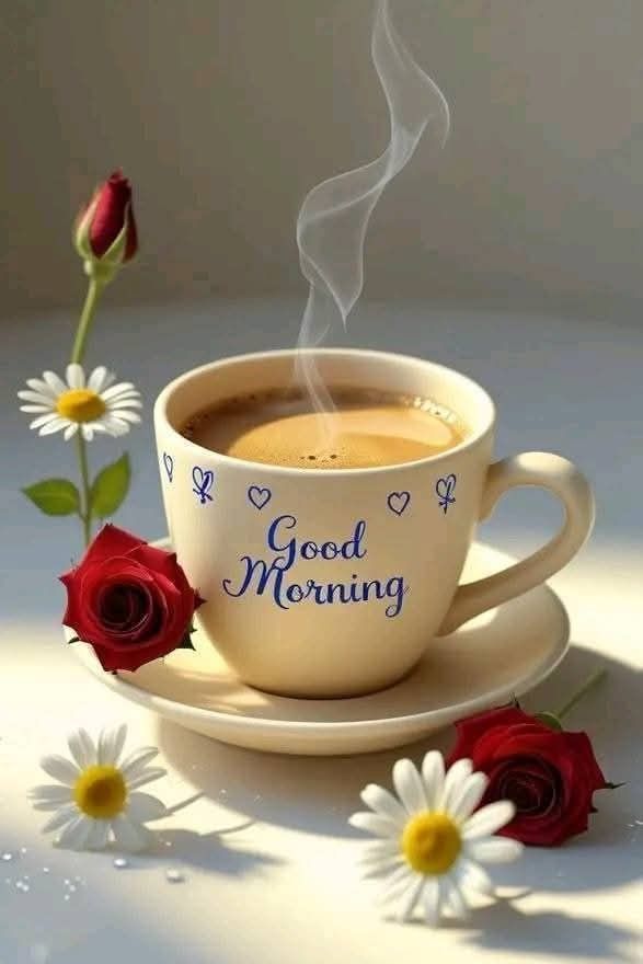 This may contain a cup of coffee sitting on top of a saucer next to some red roses