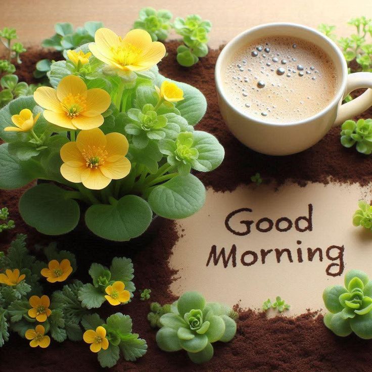 This may contain a cup of coffee sitting on top of a table next to some flowers and plants