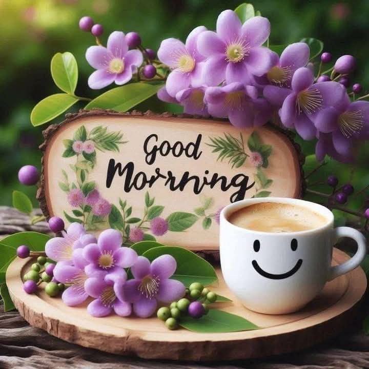 This may contain a cup of coffee sitting on top of a wooden plate next to purple flowers and a sign