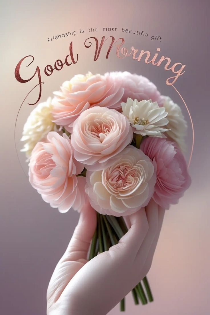 This may contain a hand holding a bouquet of flowers with the words good morning written in pink and white