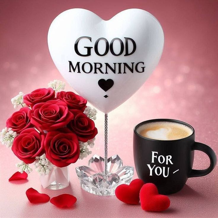 This may contain a heart shaped balloon sitting next to a cup of coffee and roses with the words good morning written on it