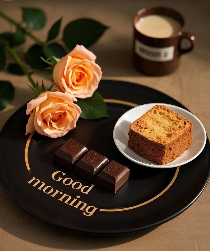 This may contain a plate that has some food on top of it next to a cup and saucer