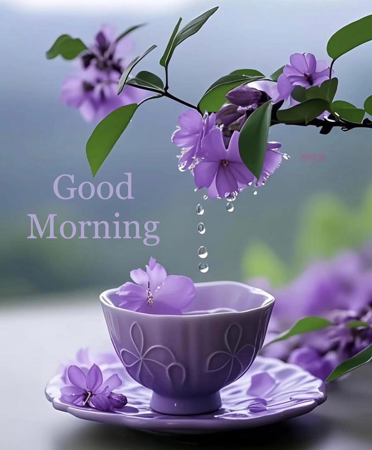 This may contain a purple cup and saucer sitting on top of a table next to some flowers