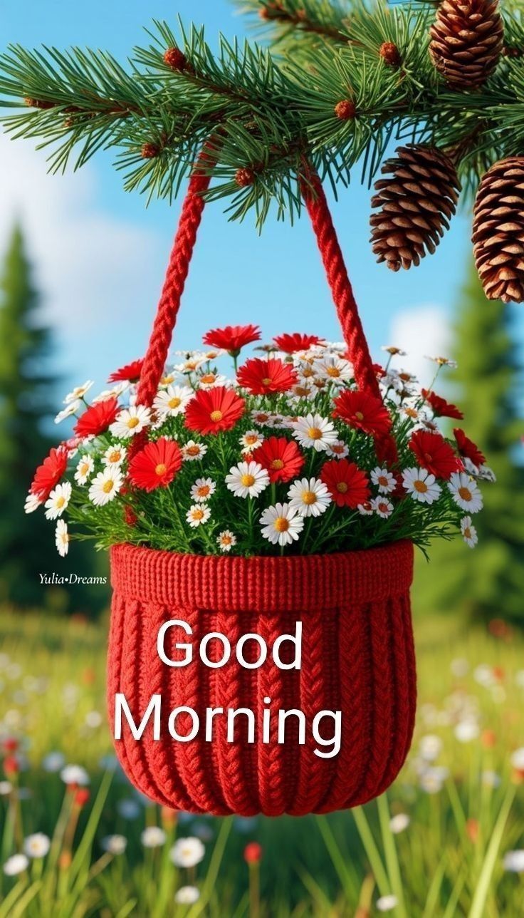 This may contain a red hanging basket filled with flowers on top of a grass covered field next to pine cones