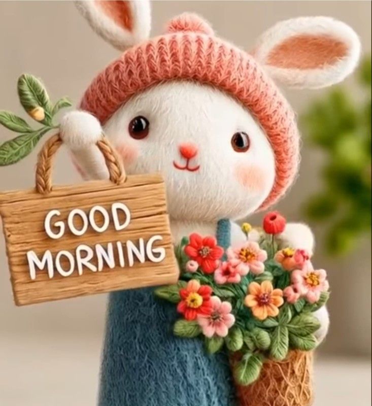 This may contain a white bunny holding a sign that says good morning with flowers in the basket on it