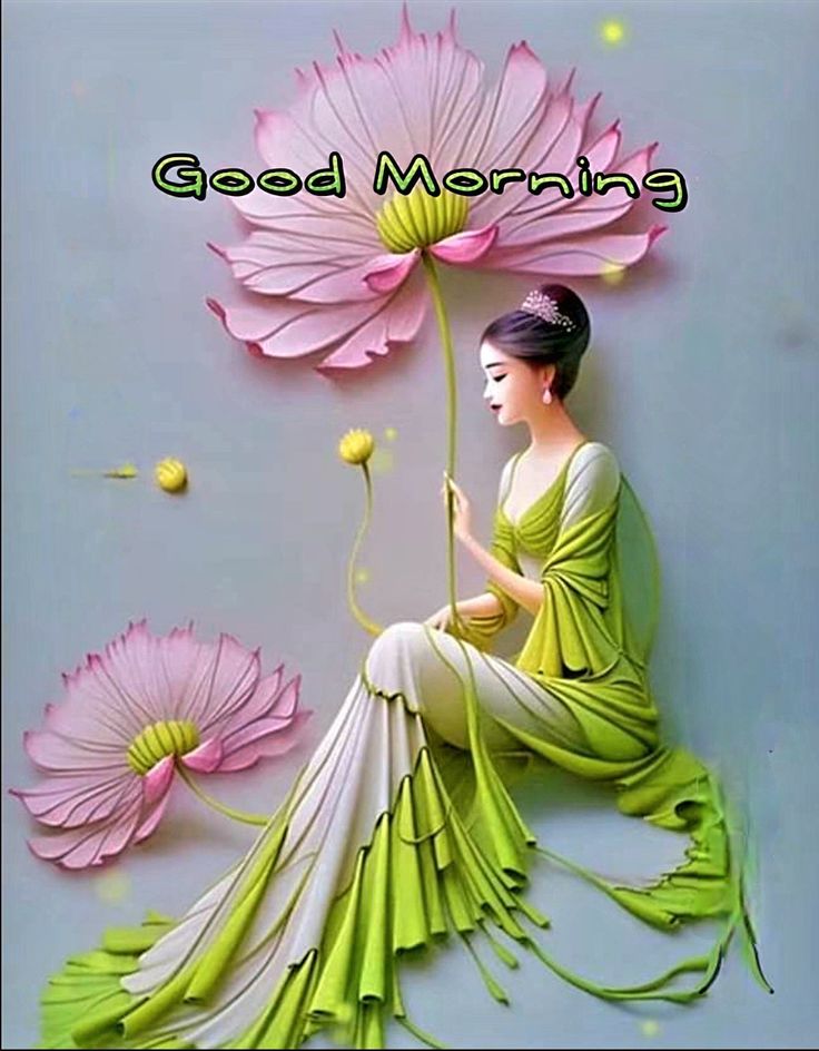 This may contain a woman sitting on the ground with pink flowers in front of her and text reading good morning