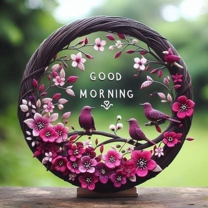 This may contain a wooden table topped with a purple wreath and birds sitting on its branches