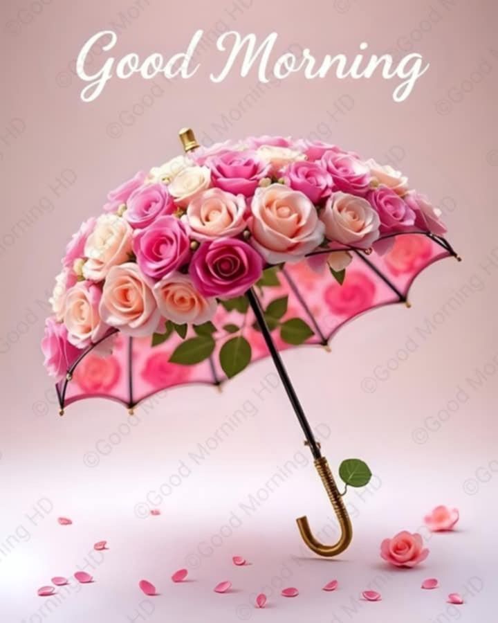 This may contain an umbrella with pink roses on it and the words good morning written in white lettering