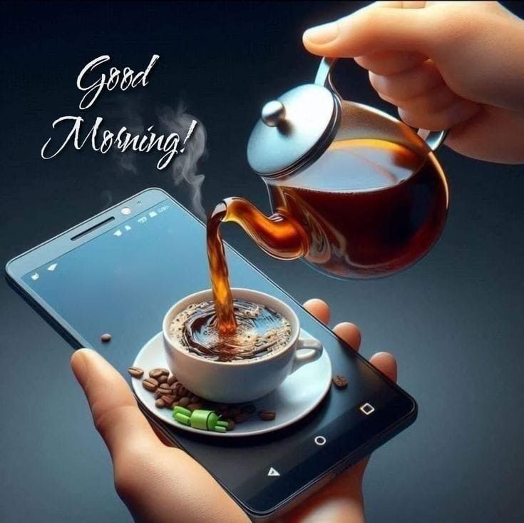 This may contain someone pouring tea into a cup on top of a cell phone with the caption good morning