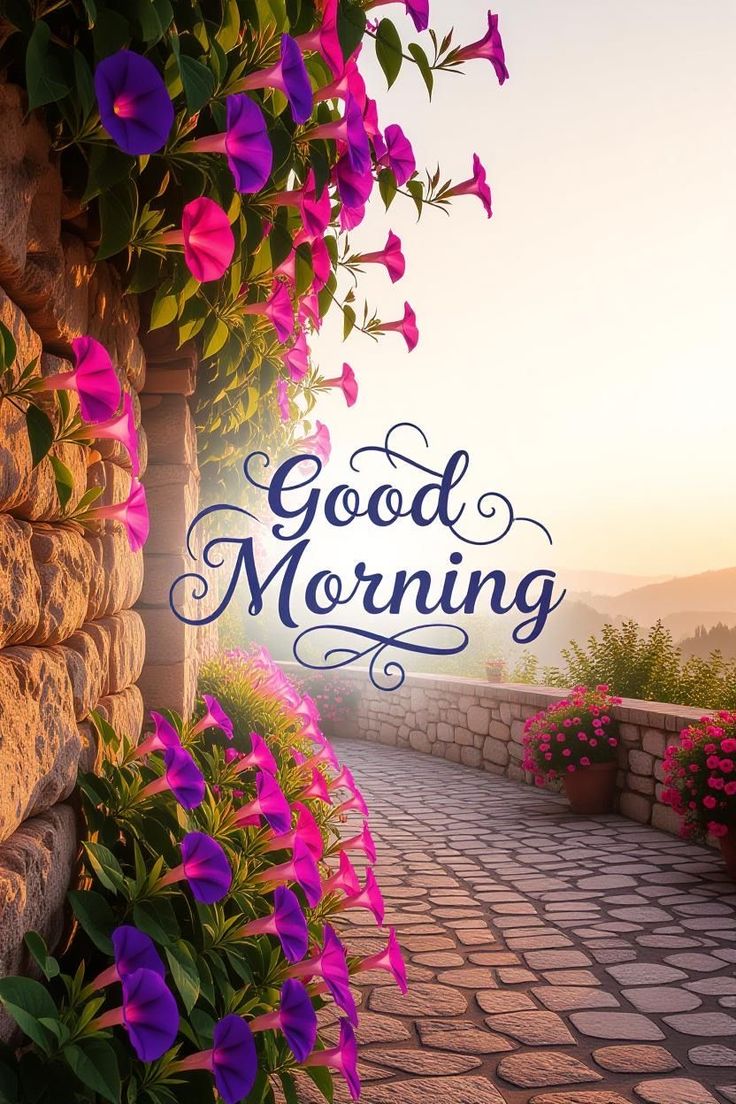 This may contain the words good morning are written in blue and pink flowers on a stone wall next to a brick walkway