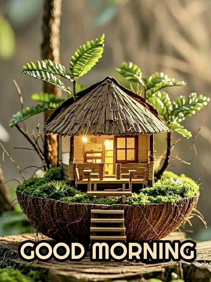 This may contain there is a small house made out of wood and grass in the middle of it