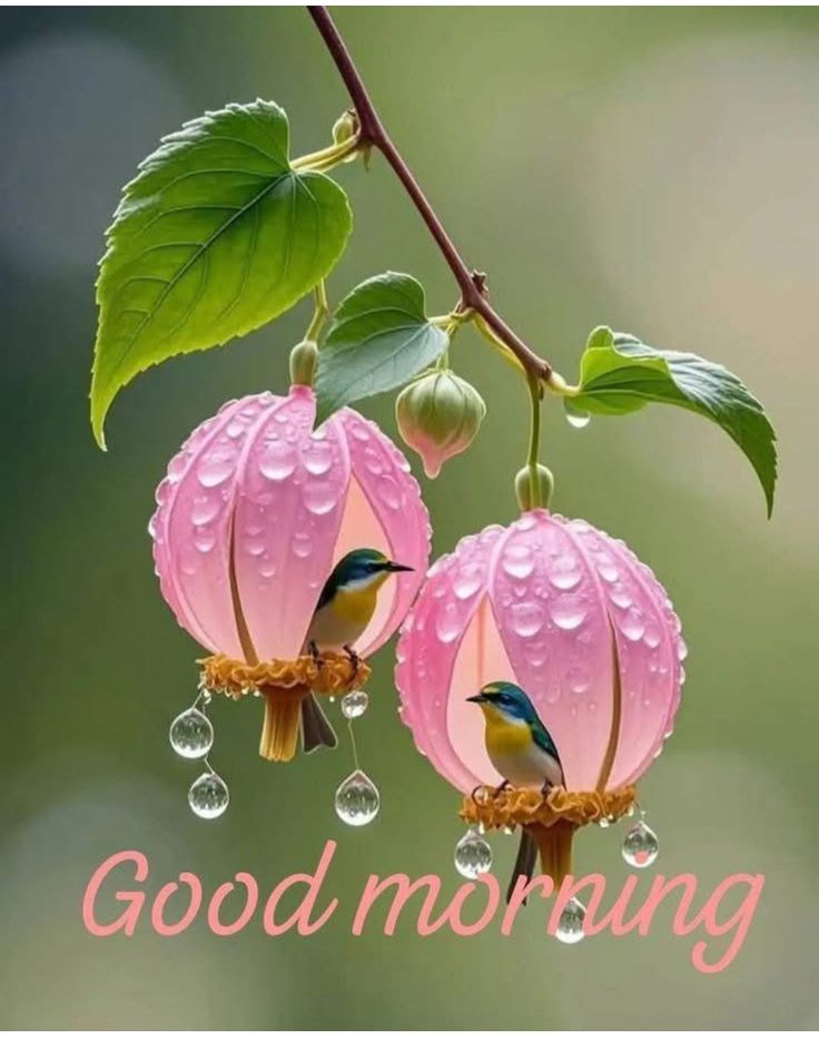 This may contain two birds sitting on top of pink flowers with drops of water hanging from the petals