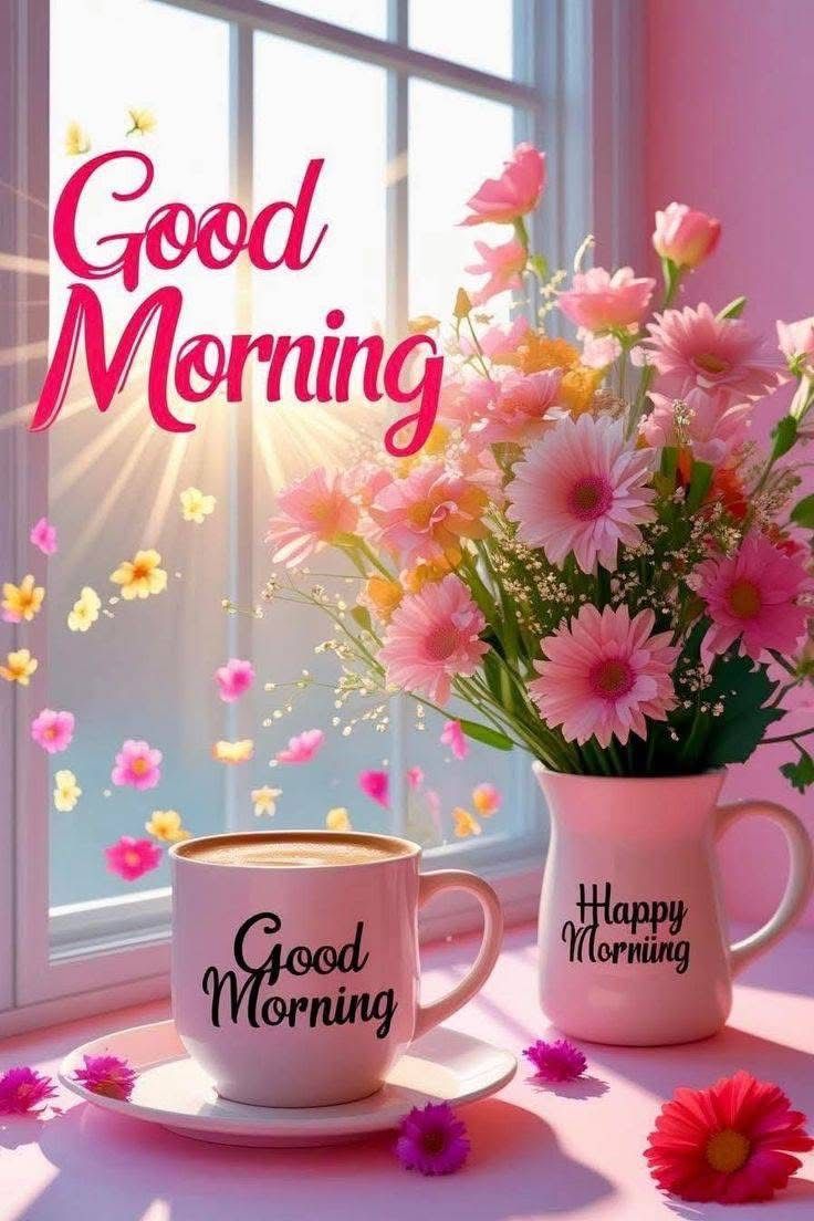 This may contain two coffee mugs with pink flowers in front of a window