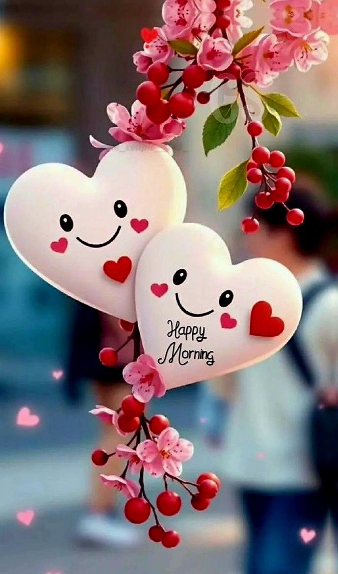 This may contain two heart shaped balloons hanging from a tree with pink flowers and hearts on the branches