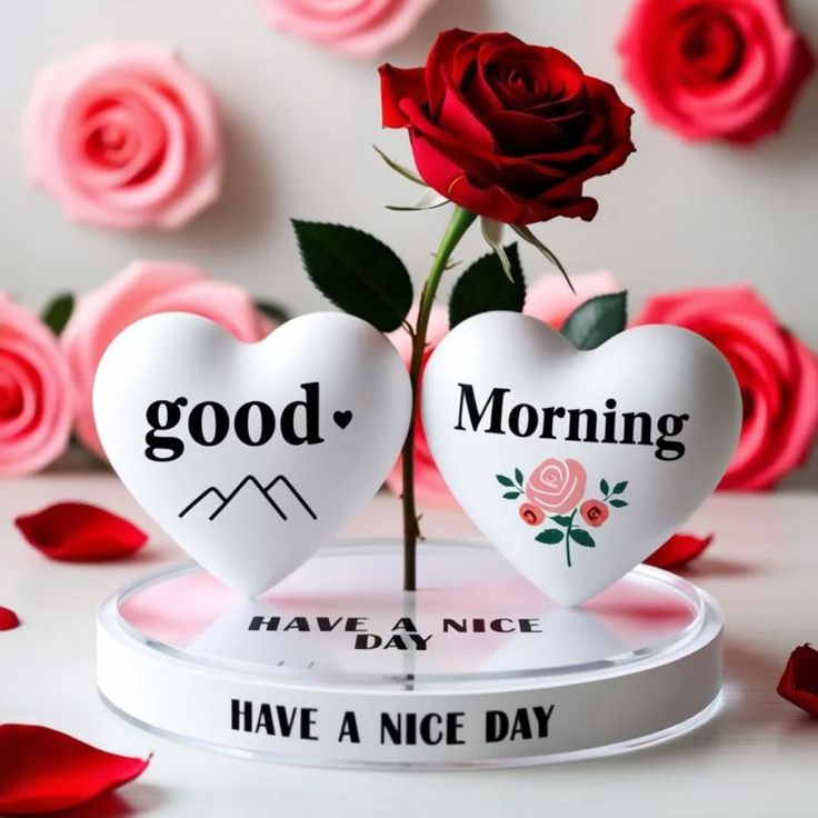 This may contain two hearts shaped like roses with the words good morning and have a nice day written on them